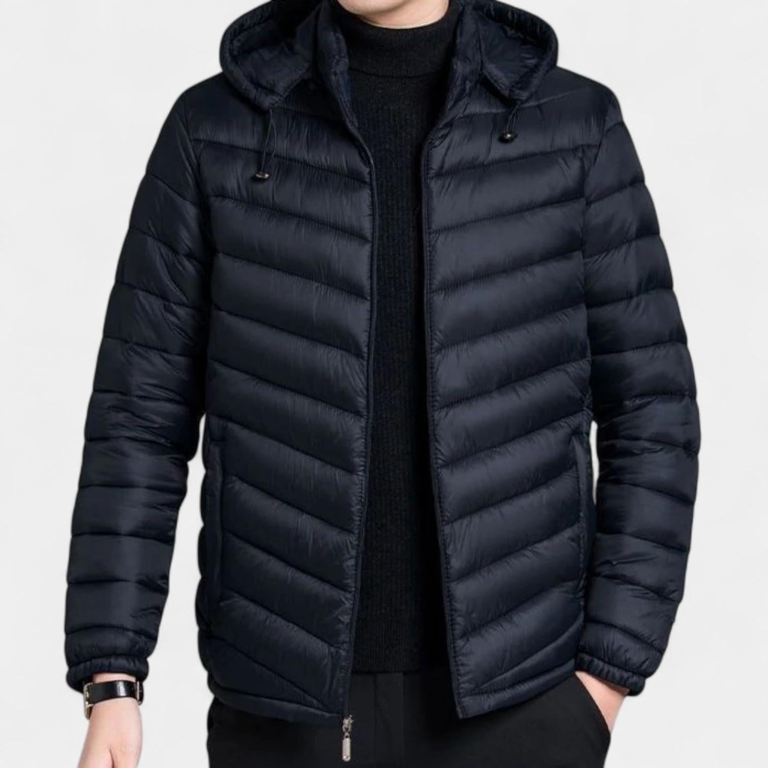 Men's Lightweight Quilted Hooded Puffer Jacket - Insulated Baffle Design for Outdoor Activities and Casual Wear