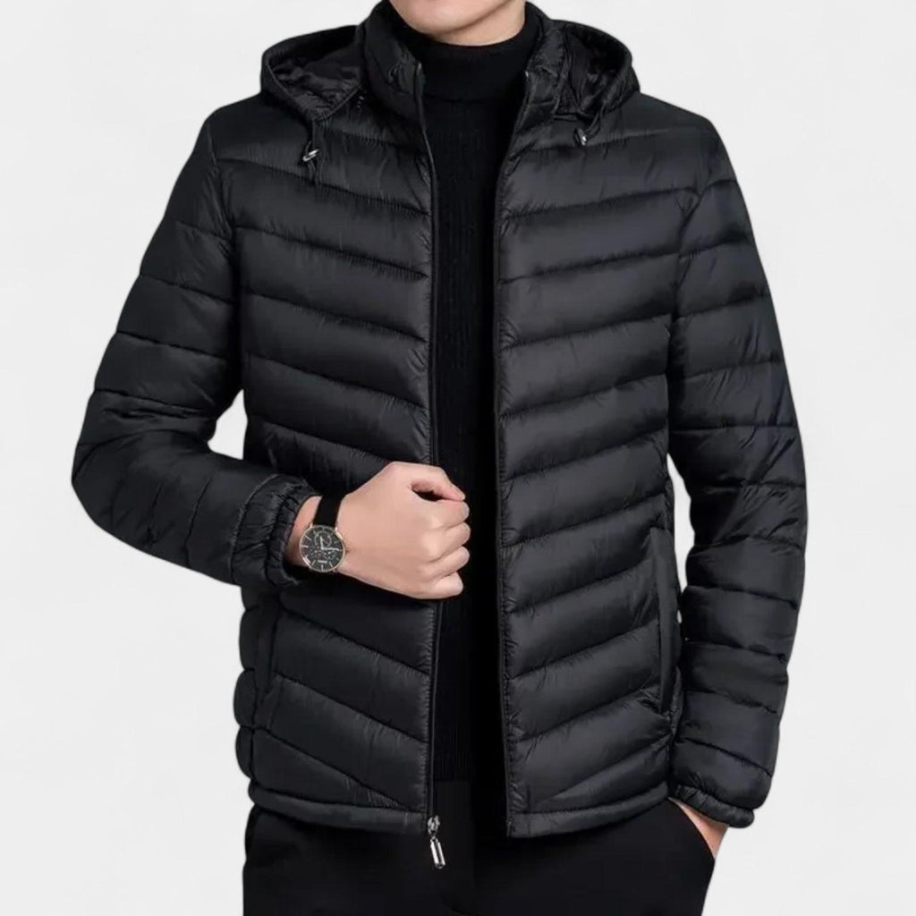 Men's Lightweight Quilted Hooded Puffer Jacket - Insulated Baffle Design for Outdoor Activities and Casual Wear