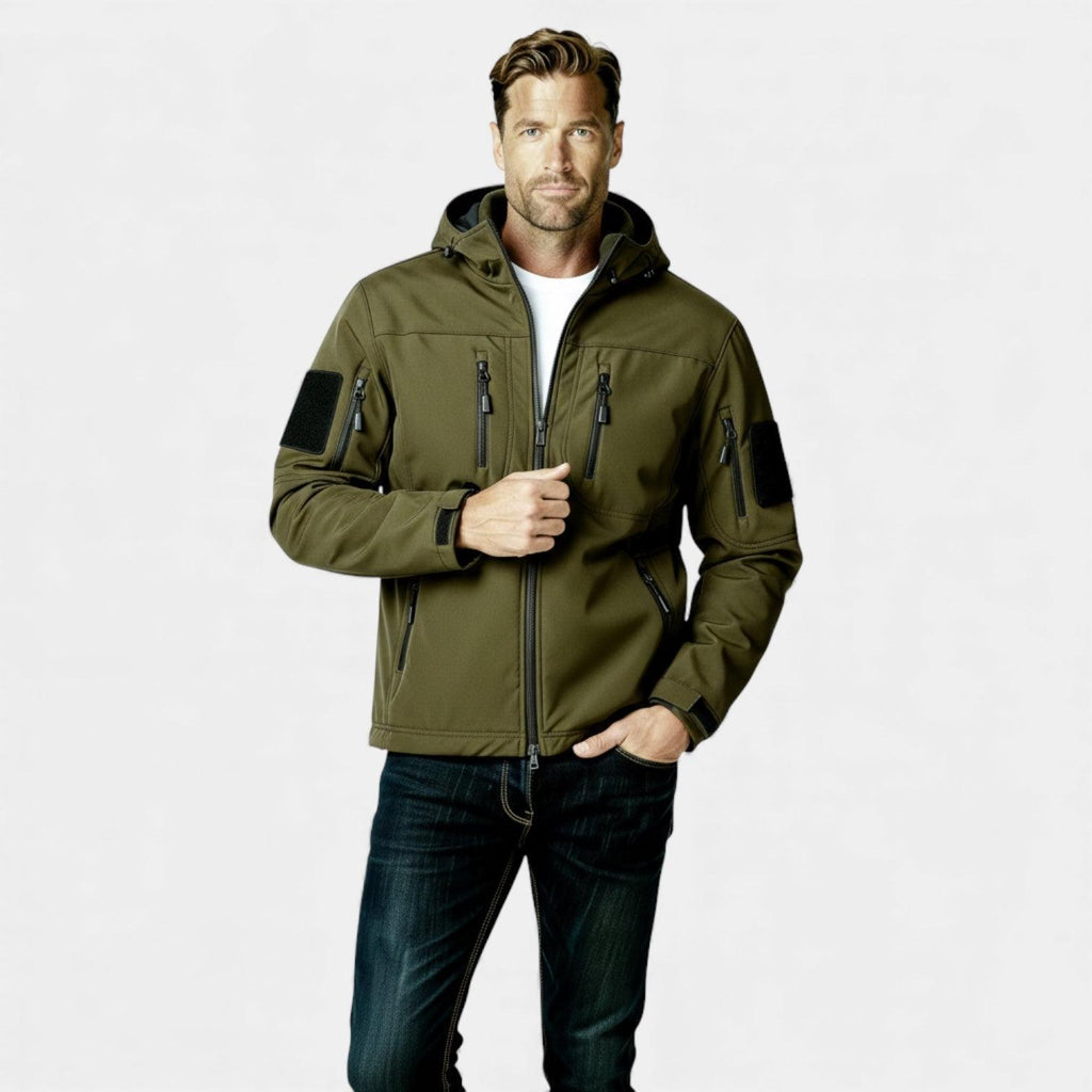 Men's Lightweight Softshell Utility Jacket with Hood - Multi-Zip Design for Outdoor Activities and Everyday Wear