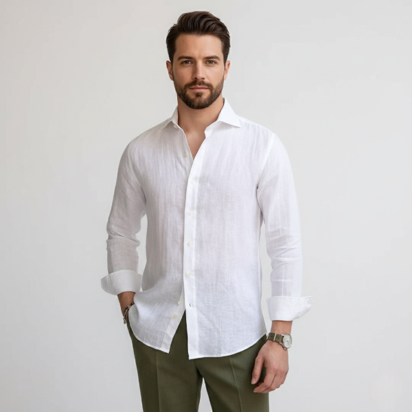 Men's Linen Shirt - Lightweight Breathable Fabric - Spread Collar - Casual or Formal Wear