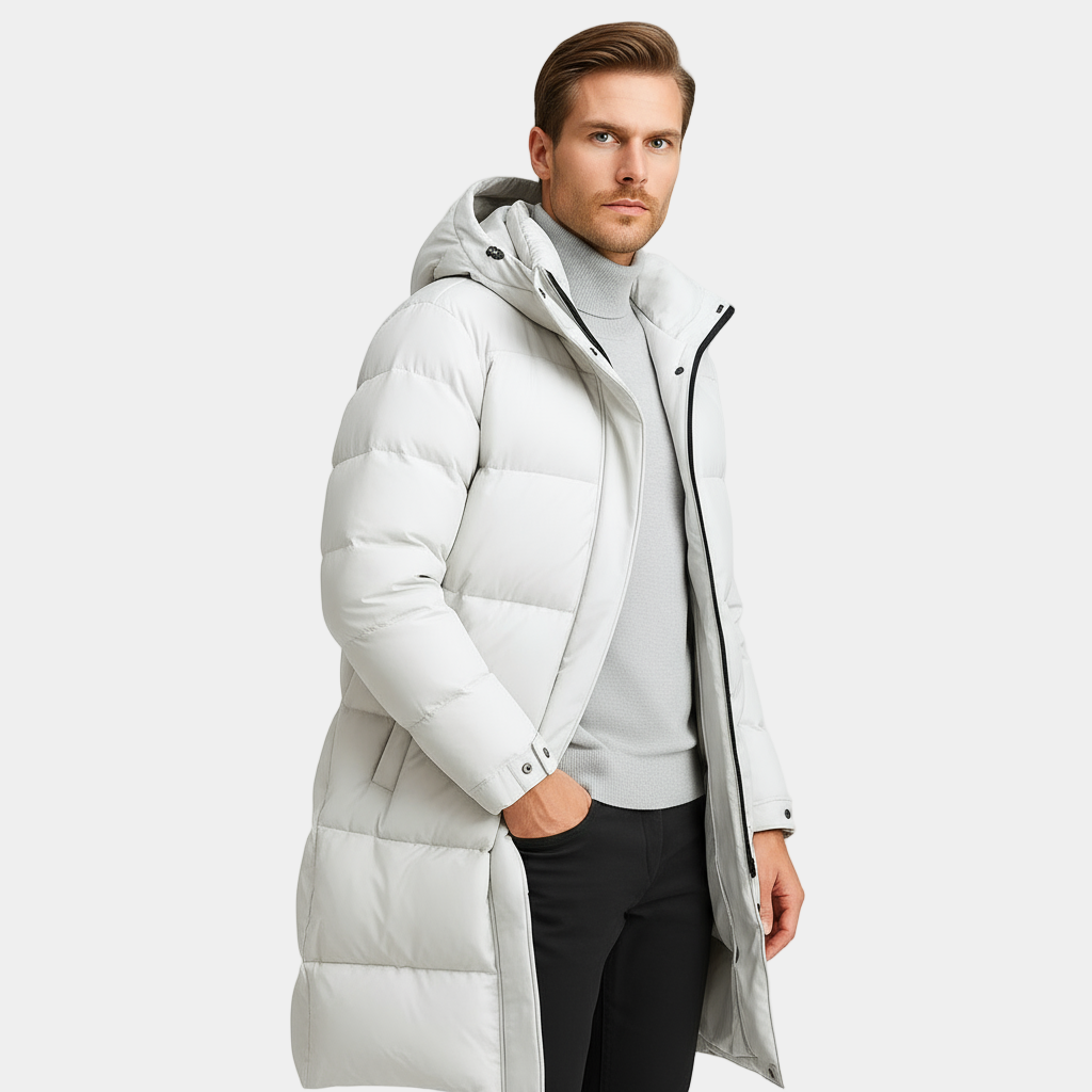 Men's Long Down Puffer Jacket - Insulated Winter Parka for Cold Weather - Waterproof and Windproof Design