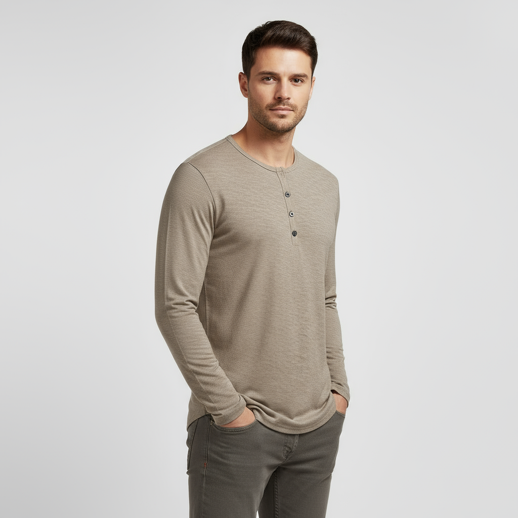 Men's Long Sleeve Cotton Henley T-Shirt for Casual Wear and Layering, Comfortable Fit