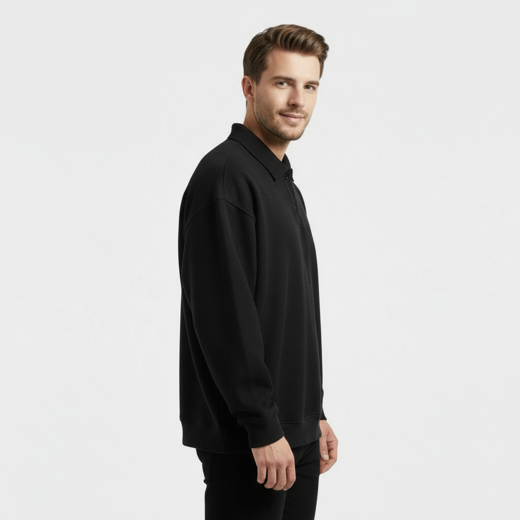 Men's Long Sleeve Polo Sweatshirt - Soft Cotton Blend - Casual Wear - Perfect for Layering and Everyday Comfort
