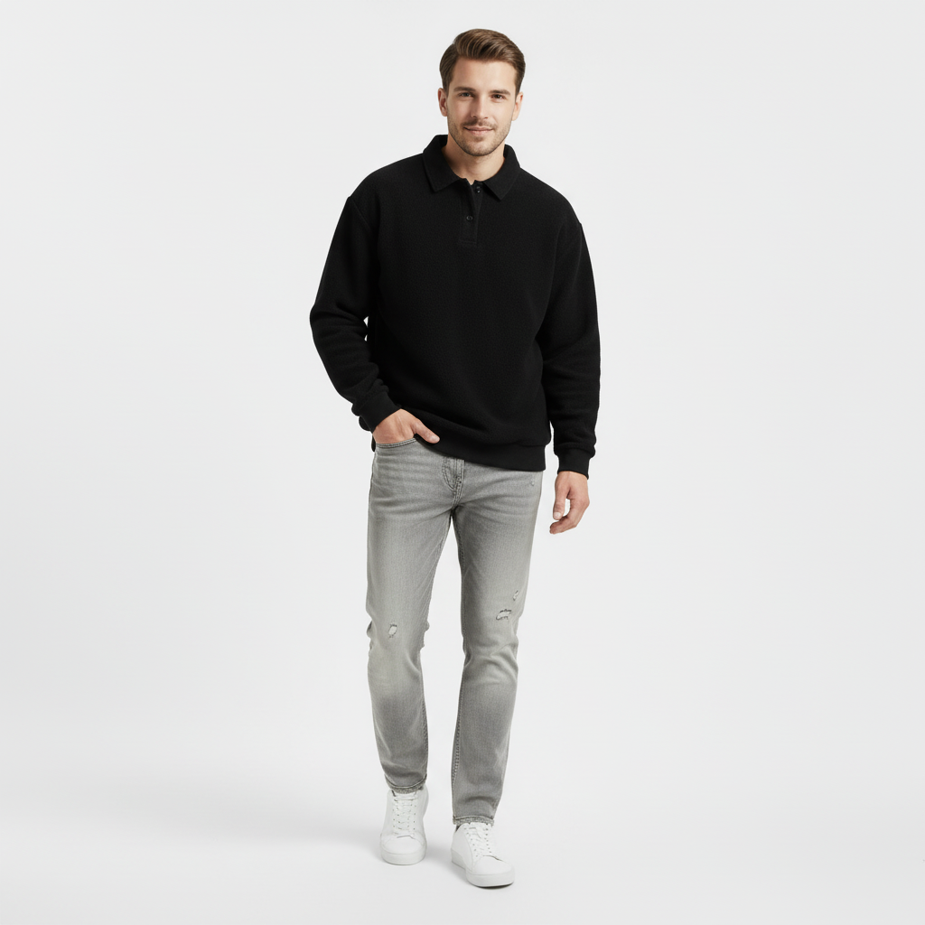Men's Long Sleeve Polo Sweatshirt - Soft Cotton Blend - Casual Wear - Perfect for Layering and Everyday Comfort