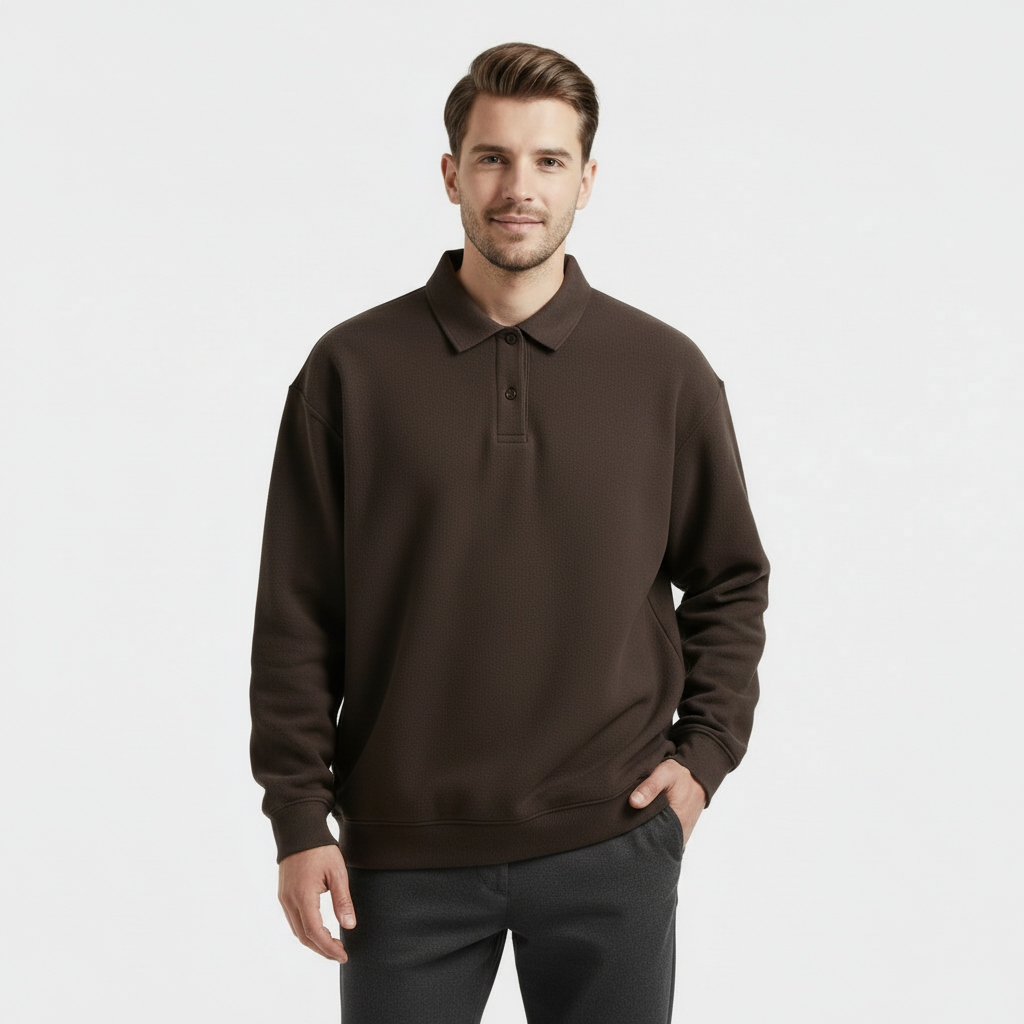 Men's Long Sleeve Polo Sweatshirt - Soft Cotton Blend - Casual Wear - Perfect for Layering and Everyday Comfort