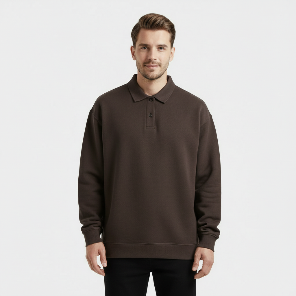 Men's Long Sleeve Polo Sweatshirt - Soft Cotton Blend - Casual Wear - Perfect for Layering and Everyday Comfort