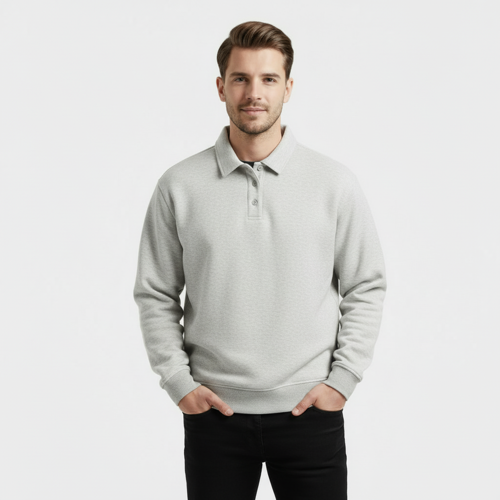 Men's Long Sleeve Polo Sweatshirt - Soft Cotton Blend - Casual Wear - Perfect for Layering and Everyday Comfort