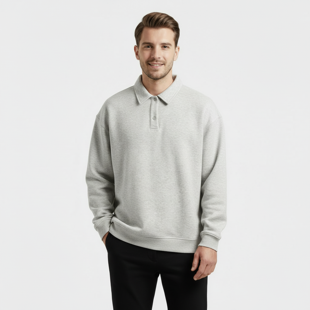 Men's Long Sleeve Polo Sweatshirt - Soft Cotton Blend - Casual Wear - Perfect for Layering and Everyday Comfort