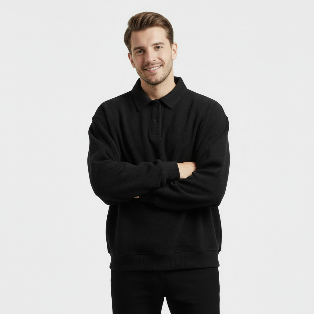 Men's Long Sleeve Polo Sweatshirt - Soft Cotton Blend - Casual Wear - Perfect for Layering and Everyday Comfort