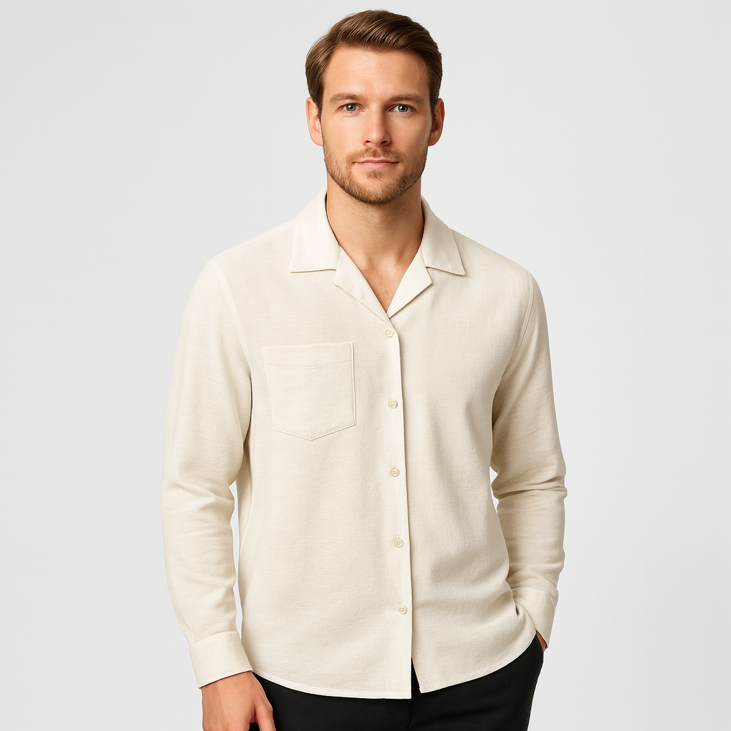Men's Long-Sleeve Revere Collar Shirt with Chest Pocket - Casual Cotton Dress Shirt for Everyday Wear