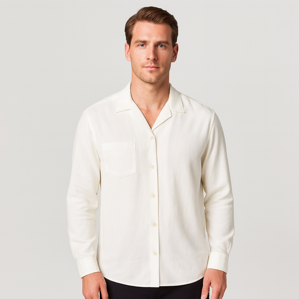 Men's Long-Sleeve Revere Collar Shirt with Chest Pocket - Casual Cotton Dress Shirt for Everyday Wear