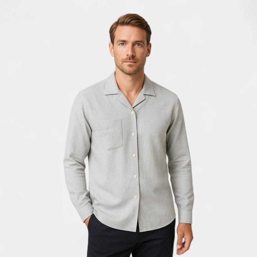 Men's Long-Sleeve Revere Collar Shirt with Chest Pocket - Casual Cotton Dress Shirt for Everyday Wear