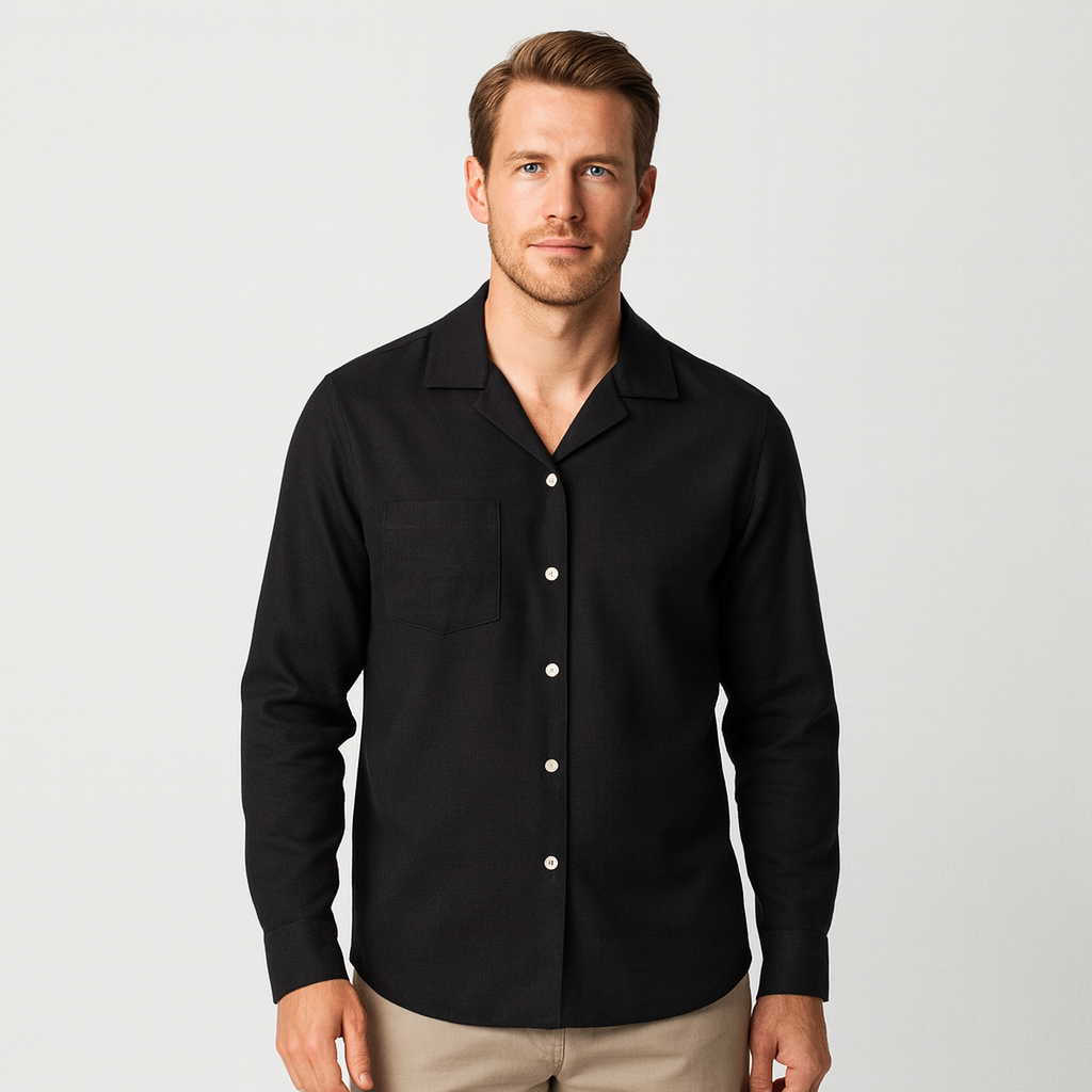 Men's Long-Sleeve Revere Collar Shirt with Chest Pocket - Casual Cotton Dress Shirt for Everyday Wear