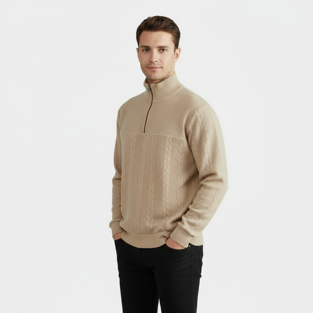 Men's Merino Wool Cable Knit Quarter Zip Sweater for Casual Wear in Classic Fit
