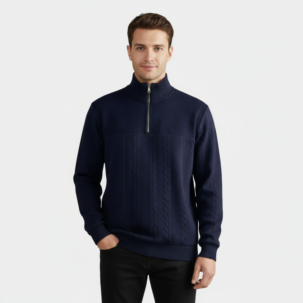 Men's Merino Wool Cable Knit Quarter Zip Sweater for Casual Wear in Classic Fit