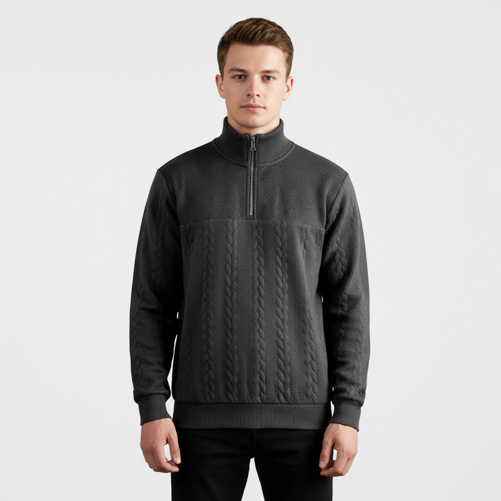 Men's Merino Wool Cable Knit Quarter Zip Sweater for Casual Wear in Classic Fit