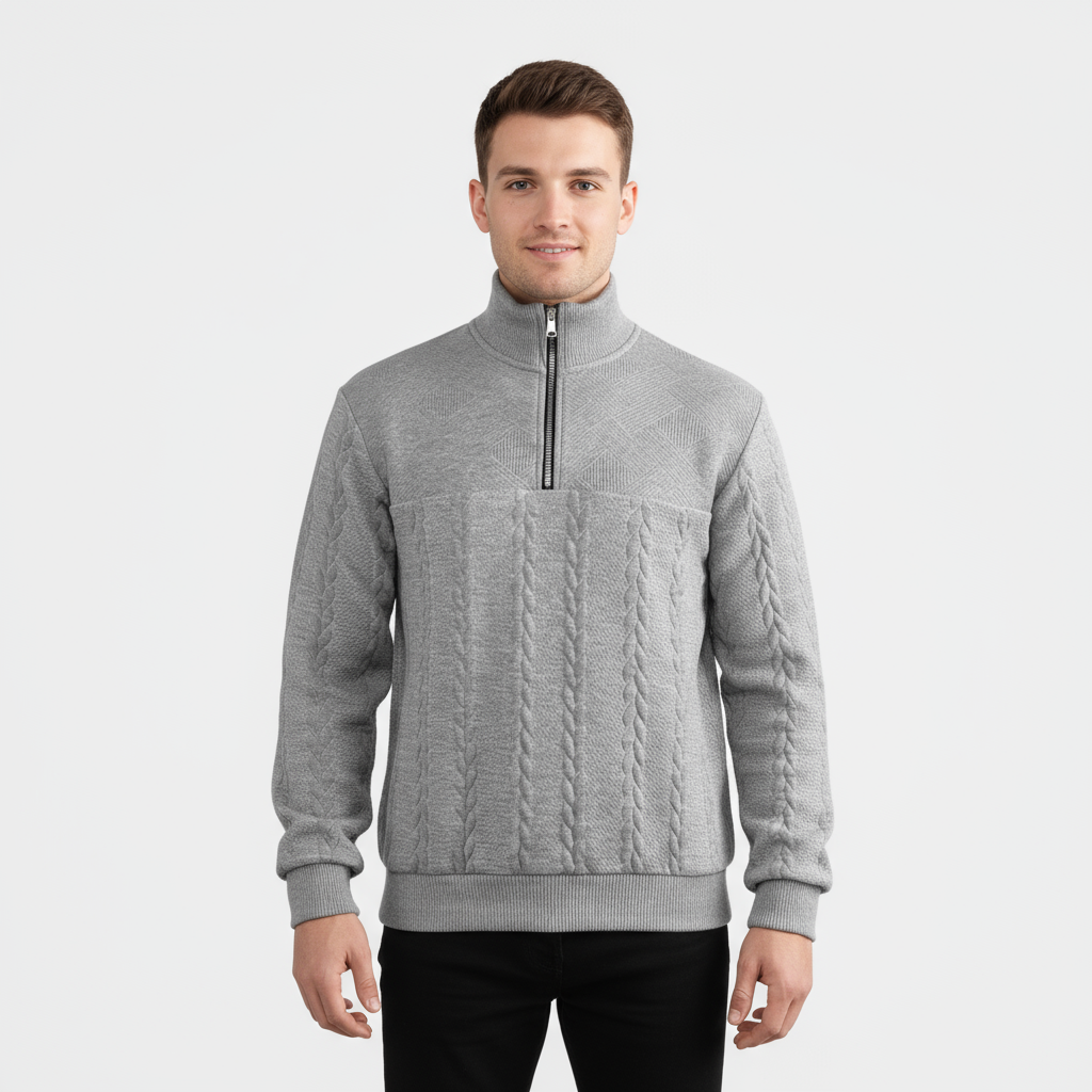 Men's Merino Wool Cable Knit Quarter Zip Sweater for Casual Wear in Classic Fit