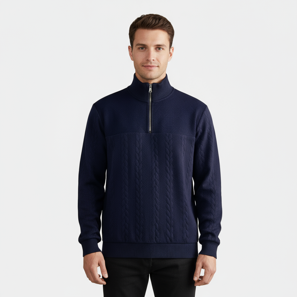 Men's Merino Wool Cable Knit Quarter Zip Sweater for Casual Wear in Classic Fit