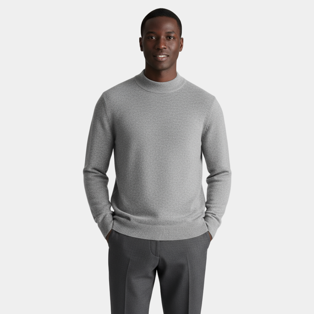 Men's Merino Wool Mock Neck Knit Jumper with Ribbed Trims for Casual Wear