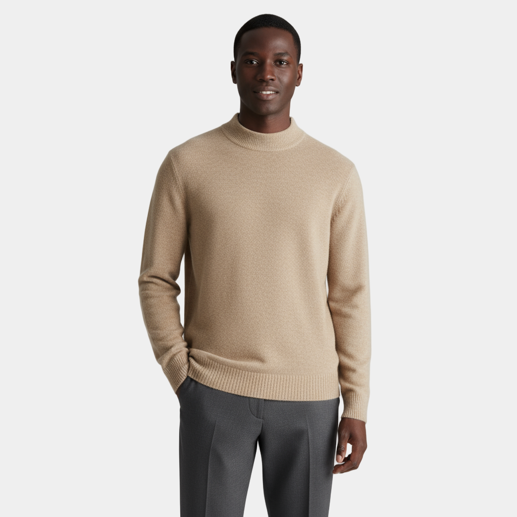 Men's Merino Wool Mock Neck Knit Jumper with Ribbed Trims for Casual Wear