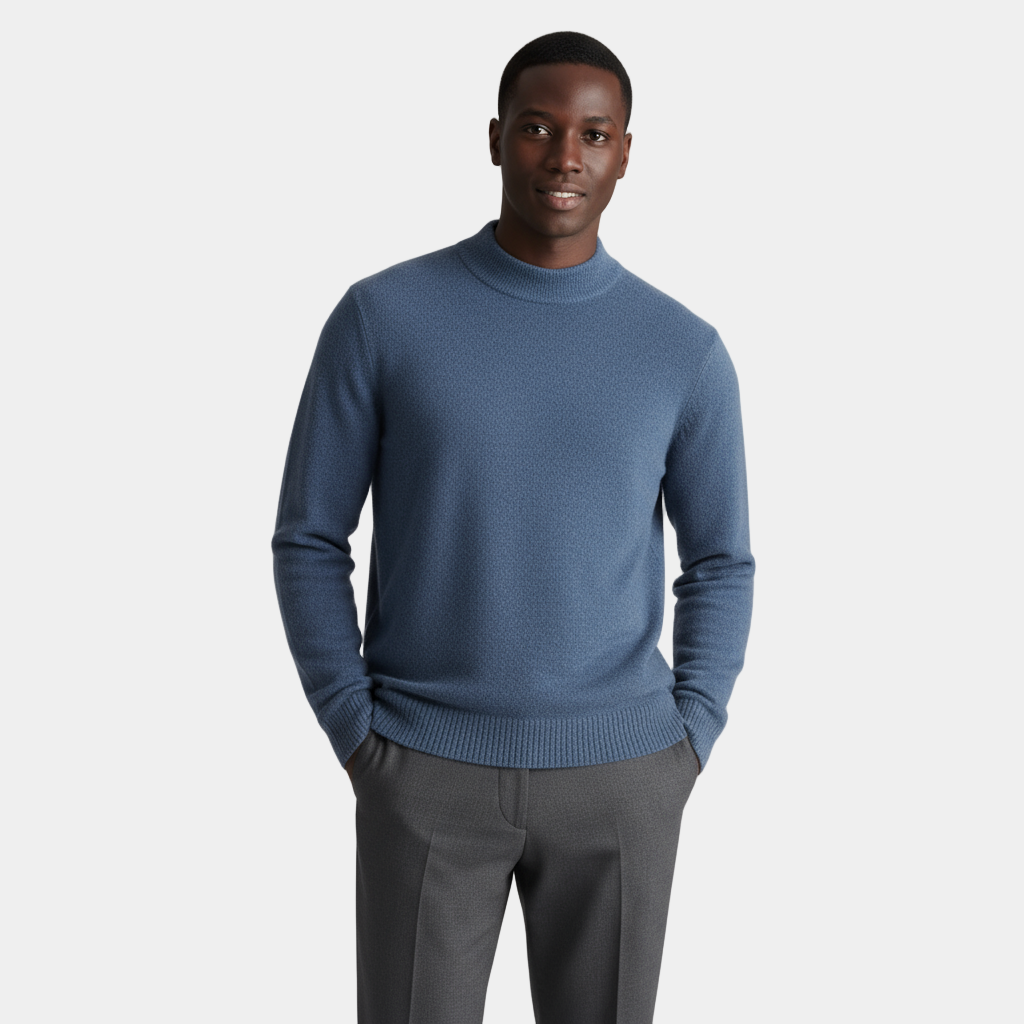 Men's Merino Wool Mock Neck Knit Jumper with Ribbed Trims for Casual Wear