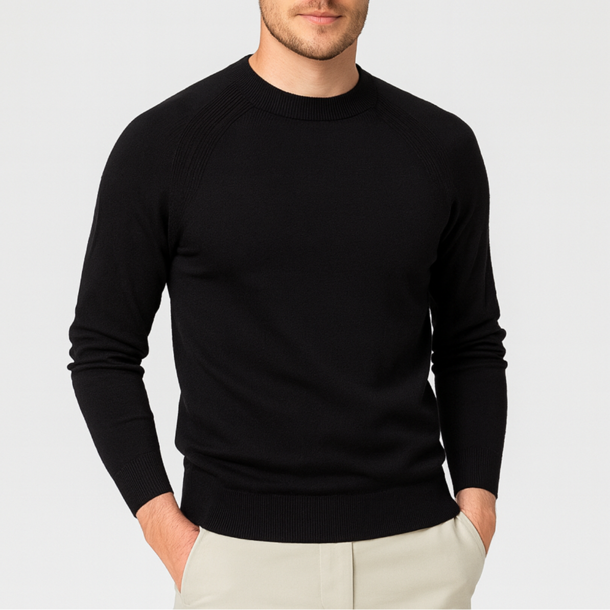 Men's Merino Wool Mock Neck Sweater - Raglan Sleeve Knit Jumper for Casual Wear