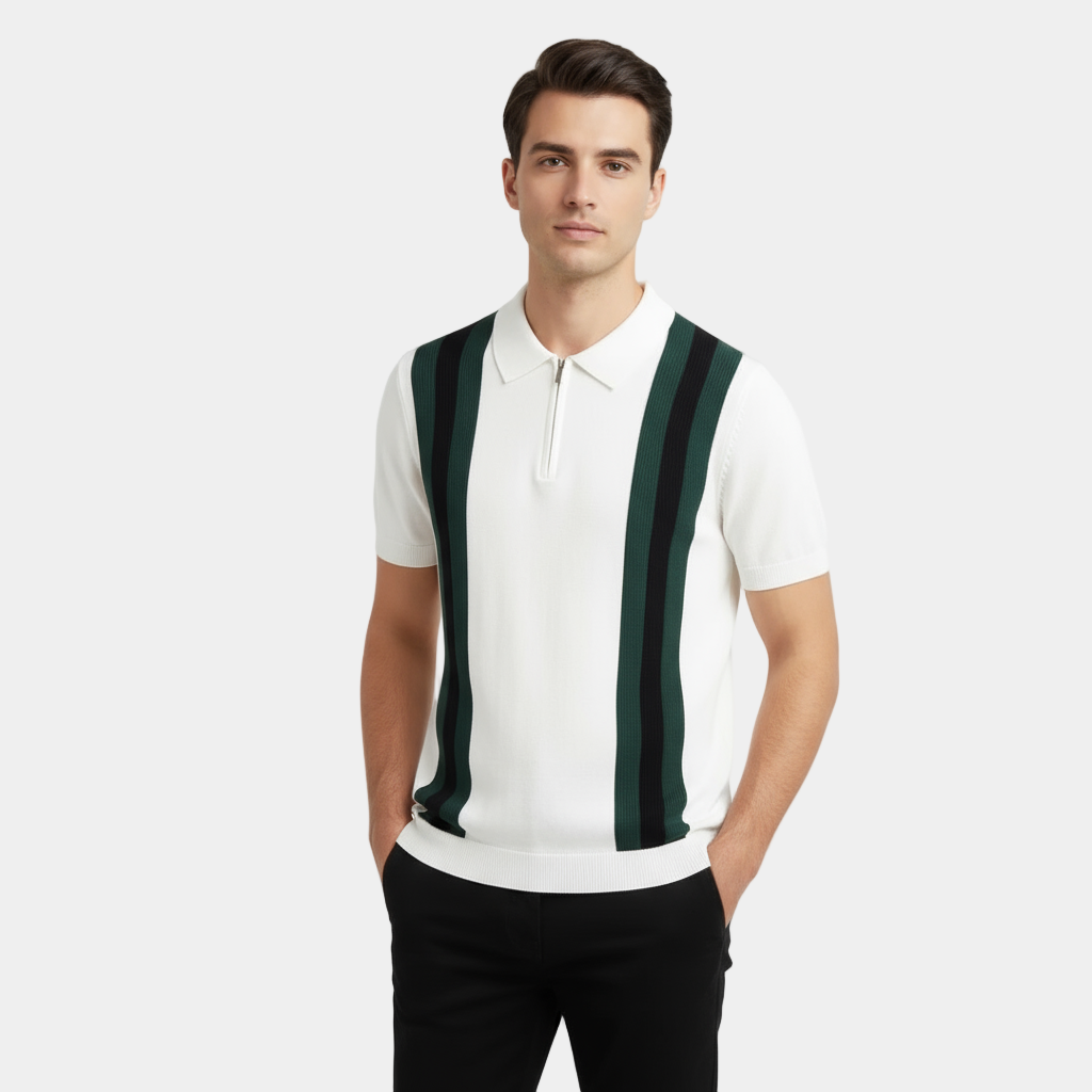 Men's Merino Wool Zip-Neck Polo Shirt - Stand Collar - Casual Wear - Lightweight and Breathable