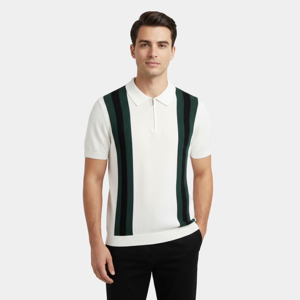 Men's Merino Wool Zip-Neck Polo Shirt - Stand Collar - Casual Wear - Lightweight and Breathable