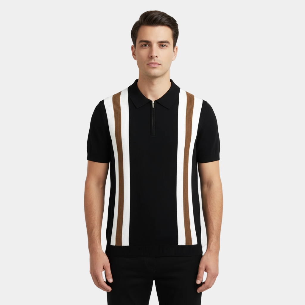 Men's Merino Wool Zip-Neck Polo Shirt - Stand Collar - Casual Wear - Lightweight and Breathable