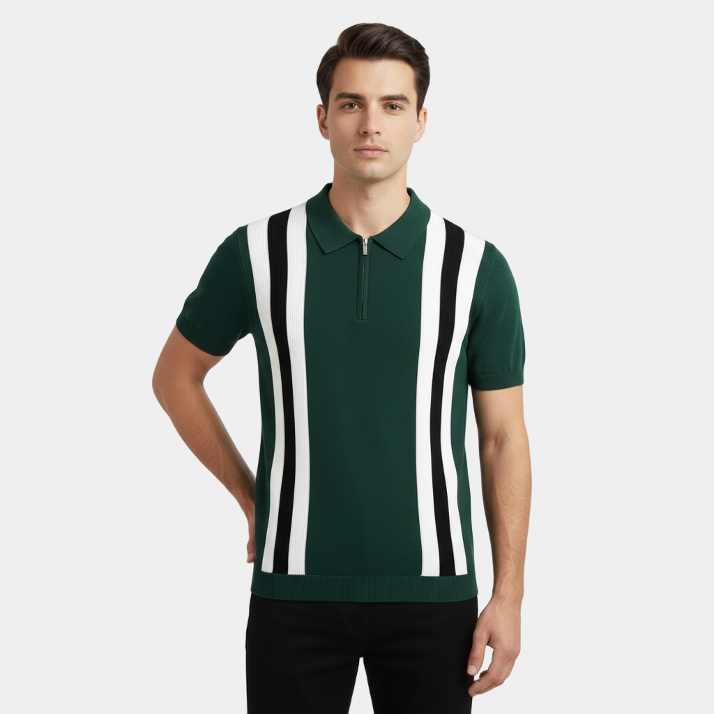 Men's Merino Wool Zip-Neck Polo Shirt - Stand Collar - Casual Wear - Lightweight and Breathable