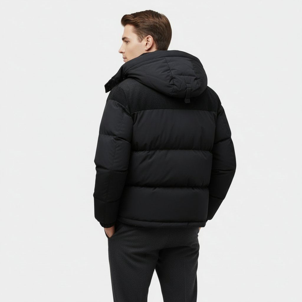 Men's Puffer Jacket with Corduroy Trim and Detachable Hood for Cold Weather Outerwear