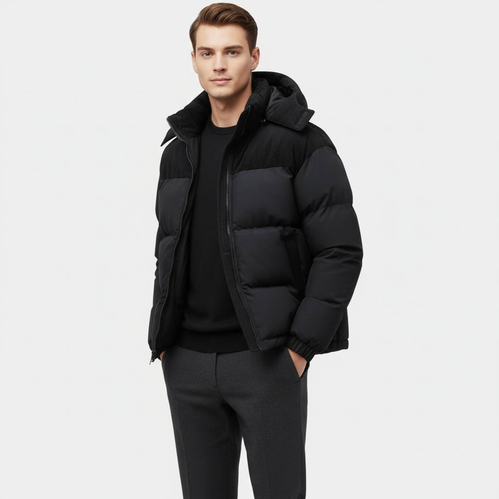 Men's Puffer Jacket with Corduroy Trim and Detachable Hood for Cold Weather Outerwear