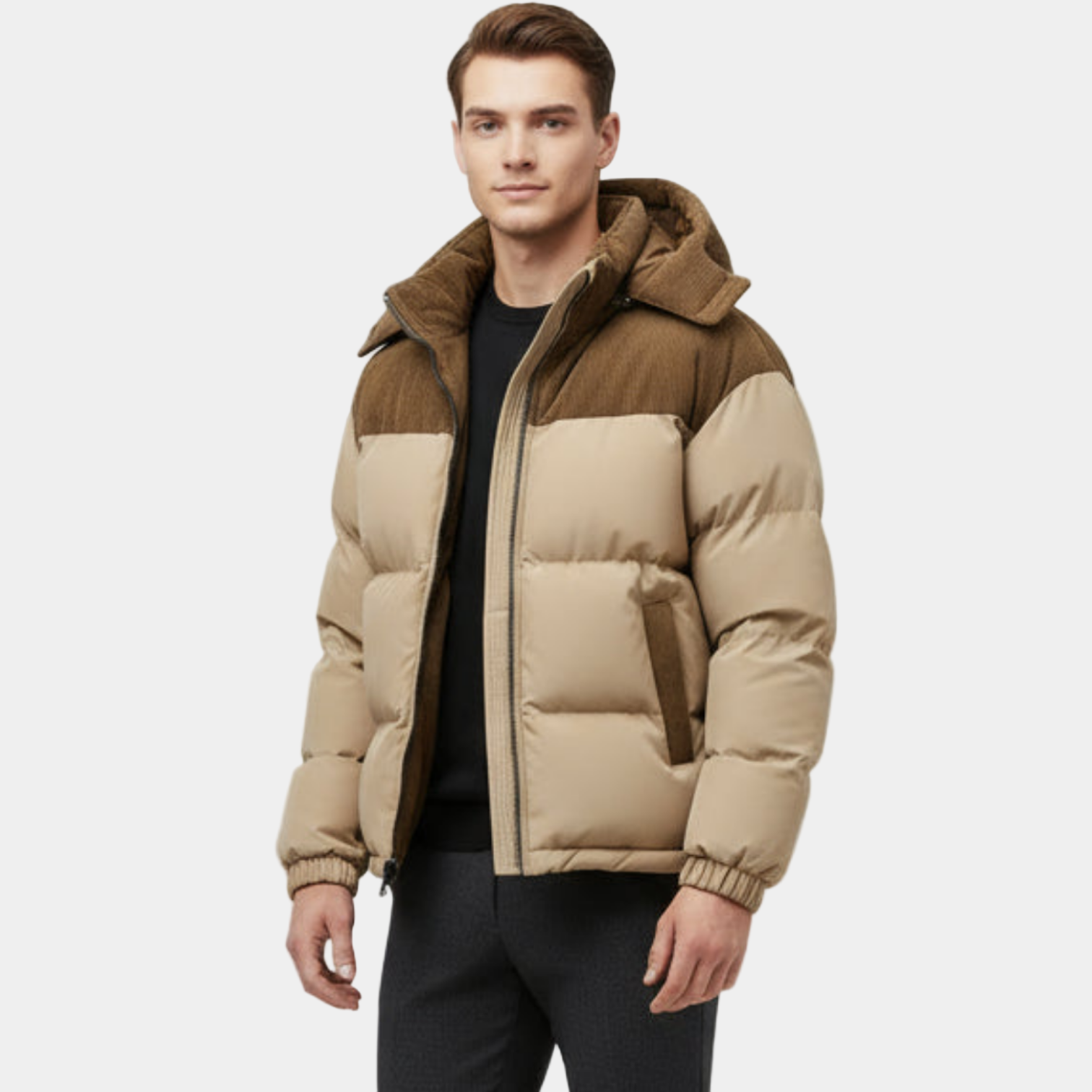Men's Puffer Jacket with Corduroy Trim and Detachable Hood for Cold Weather Outerwear