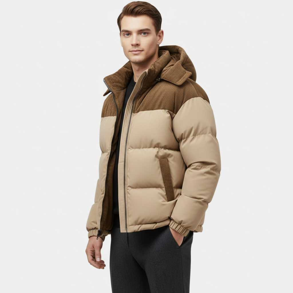 Men's Puffer Jacket with Corduroy Trim and Detachable Hood for Cold Weather Outerwear