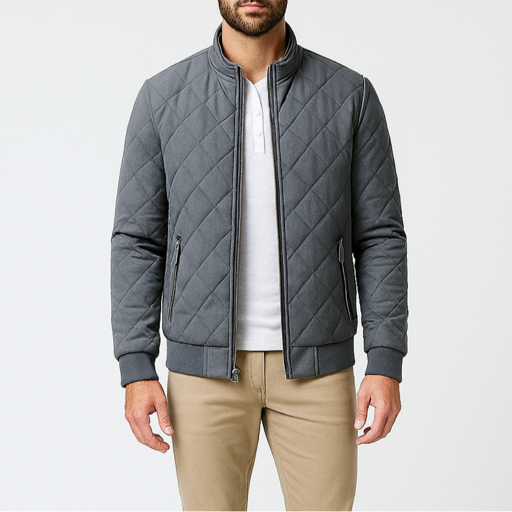 Men's Quilted Bomber Jacket with Diamond Pattern - Stylish Outerwear for Casual and Outdoor Wear