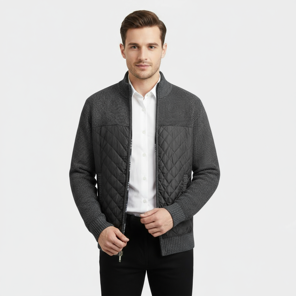 Men's Quilted Knit Jacket with Nylon Zip - Marled Knit Design for Casual Wear and Outdoor Activities