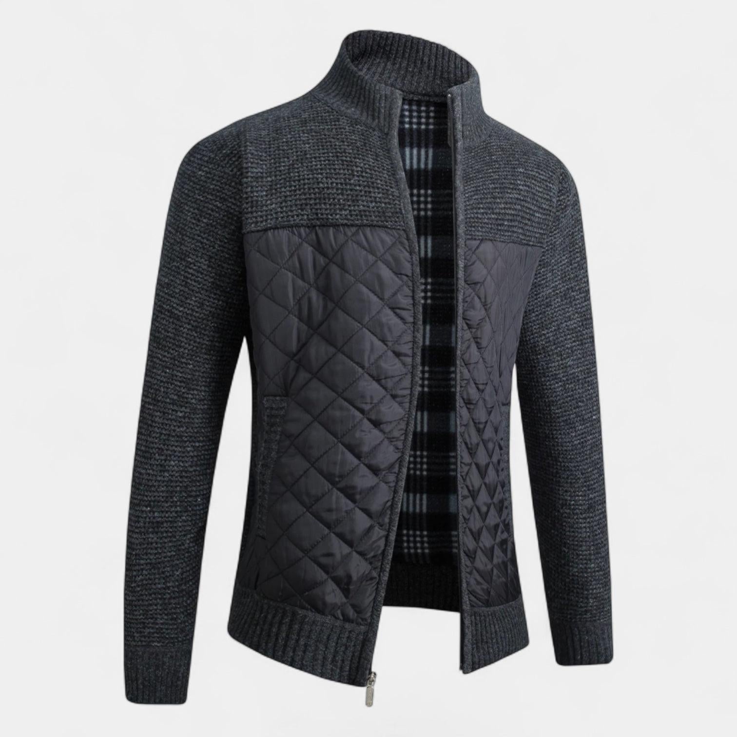 Men's Quilted Knit Jacket with Nylon Zip - Marled Knit Design for Casual Wear and Outdoor Activities
