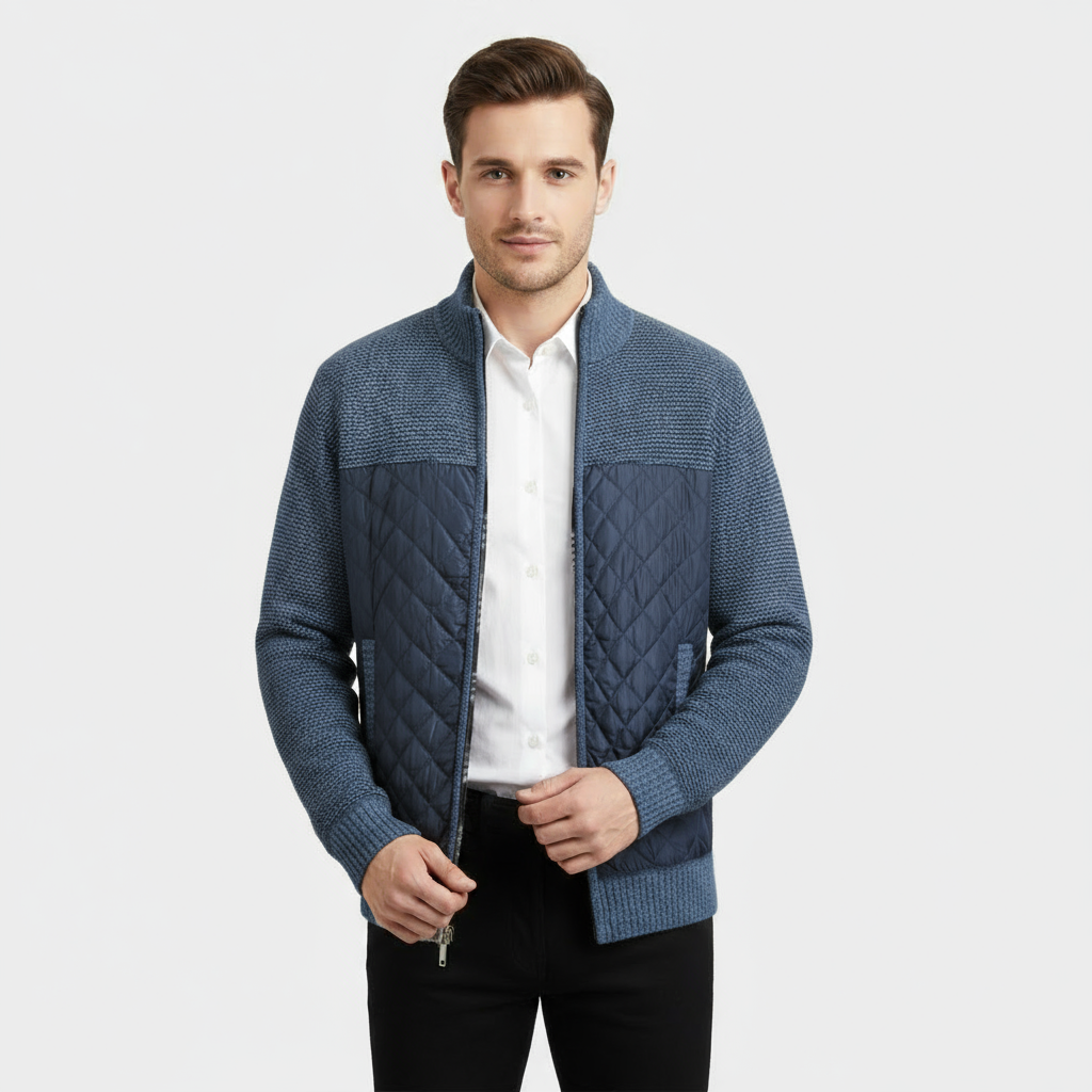 Men's Quilted Knit Jacket with Nylon Zip - Marled Knit Design for Casual Wear and Outdoor Activities