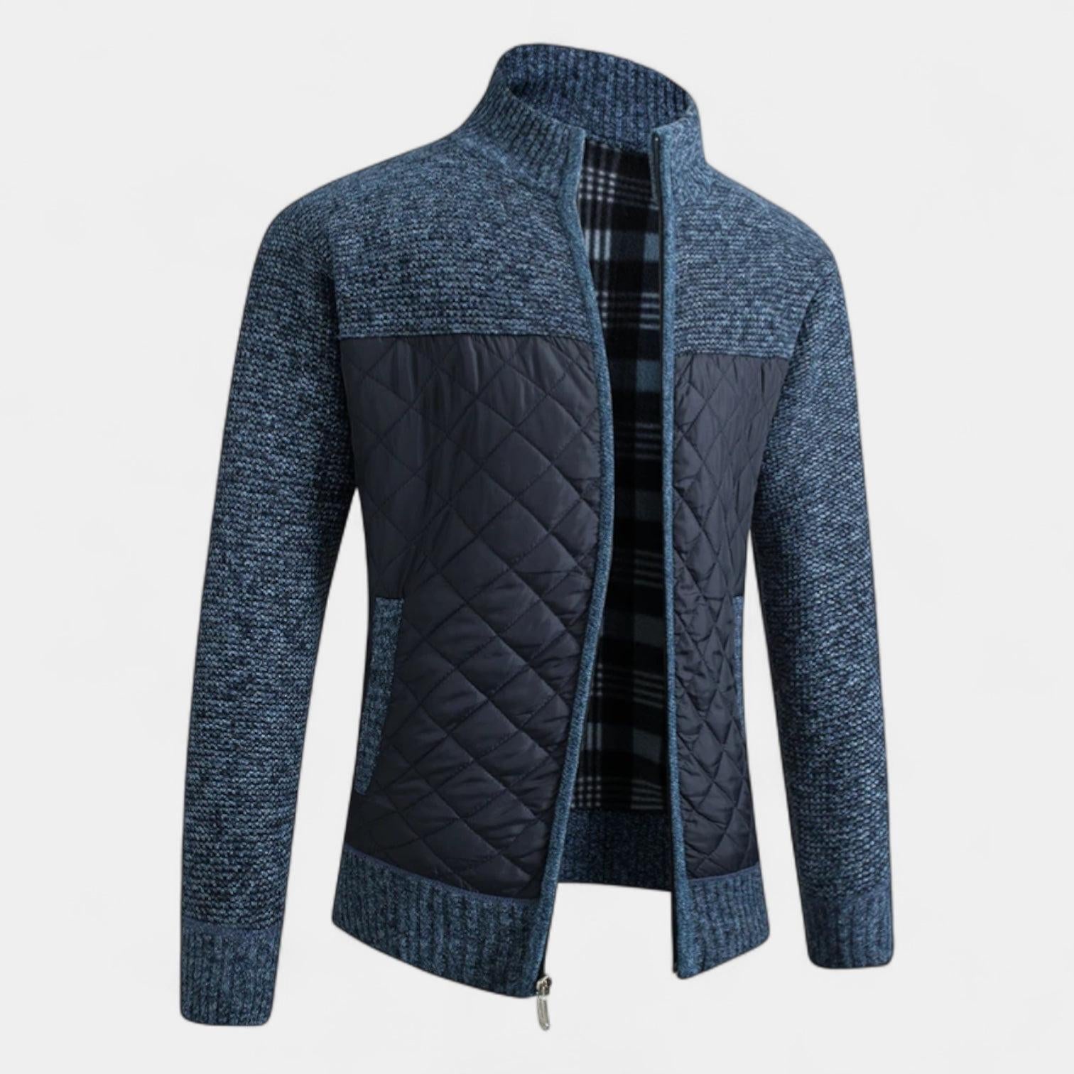 Men's Quilted Knit Jacket with Nylon Zip - Marled Knit Design for Casual Wear and Outdoor Activities