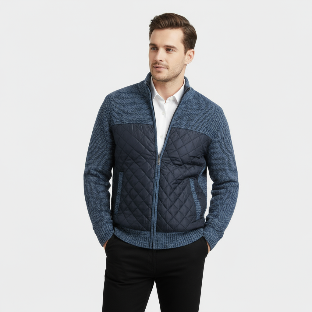 Men's Quilted Knit Jacket with Nylon Zip - Marled Knit Design for Casual Wear and Outdoor Activities