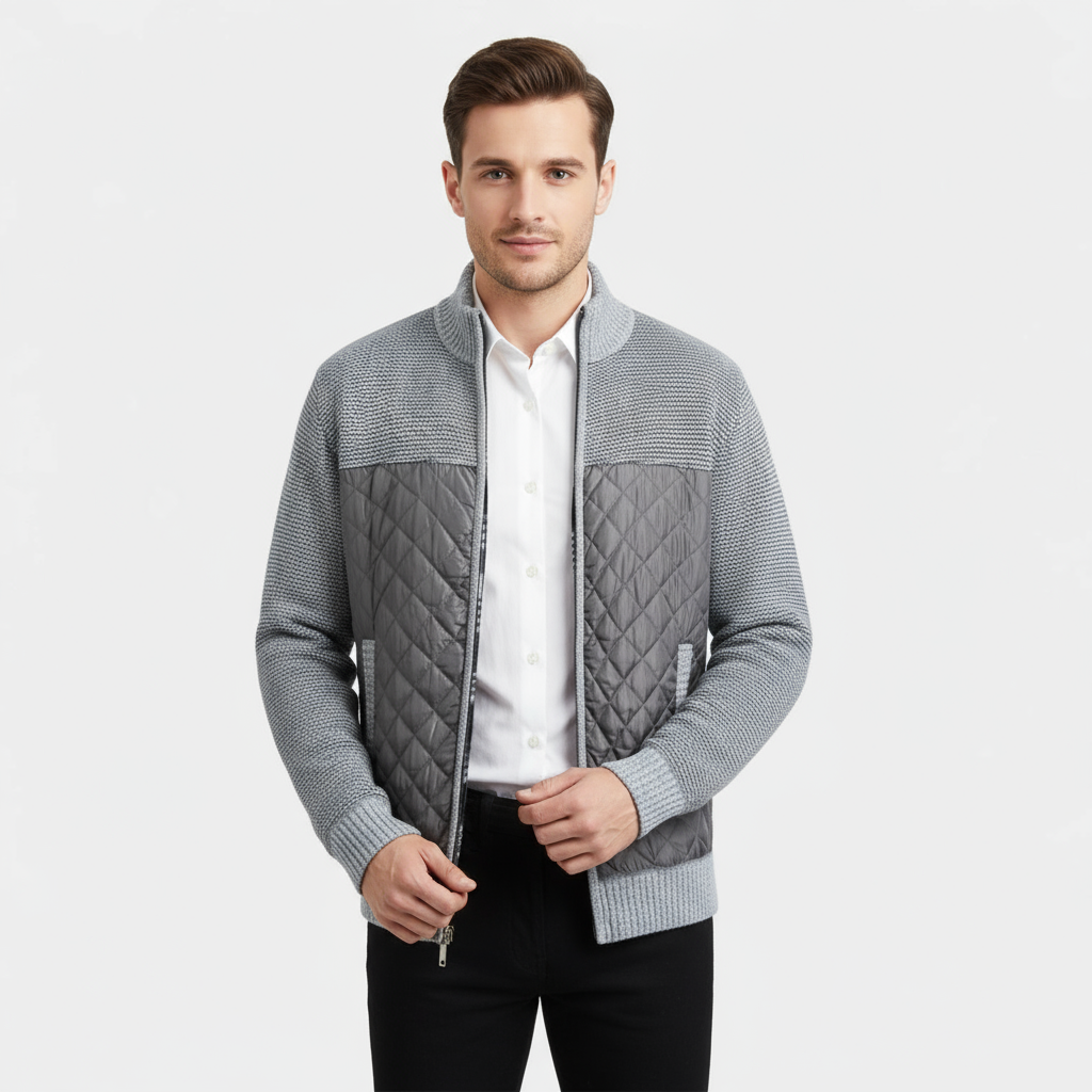 Men's Quilted Knit Jacket with Nylon Zip - Marled Knit Design for Casual Wear and Outdoor Activities