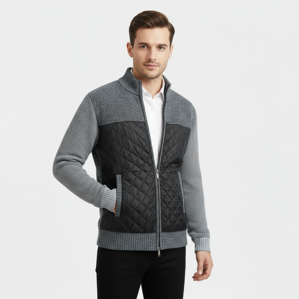 Men's Quilted Knit Jacket with Nylon Zip - Marled Knit Design for Casual Wear and Outdoor Activities