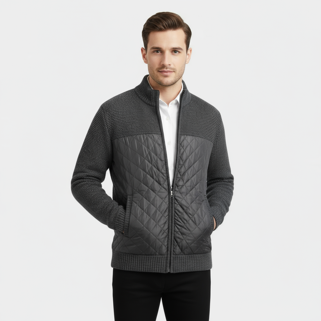 Men's Quilted Knit Jacket with Nylon Zip - Marled Knit Design for Casual Wear and Outdoor Activities