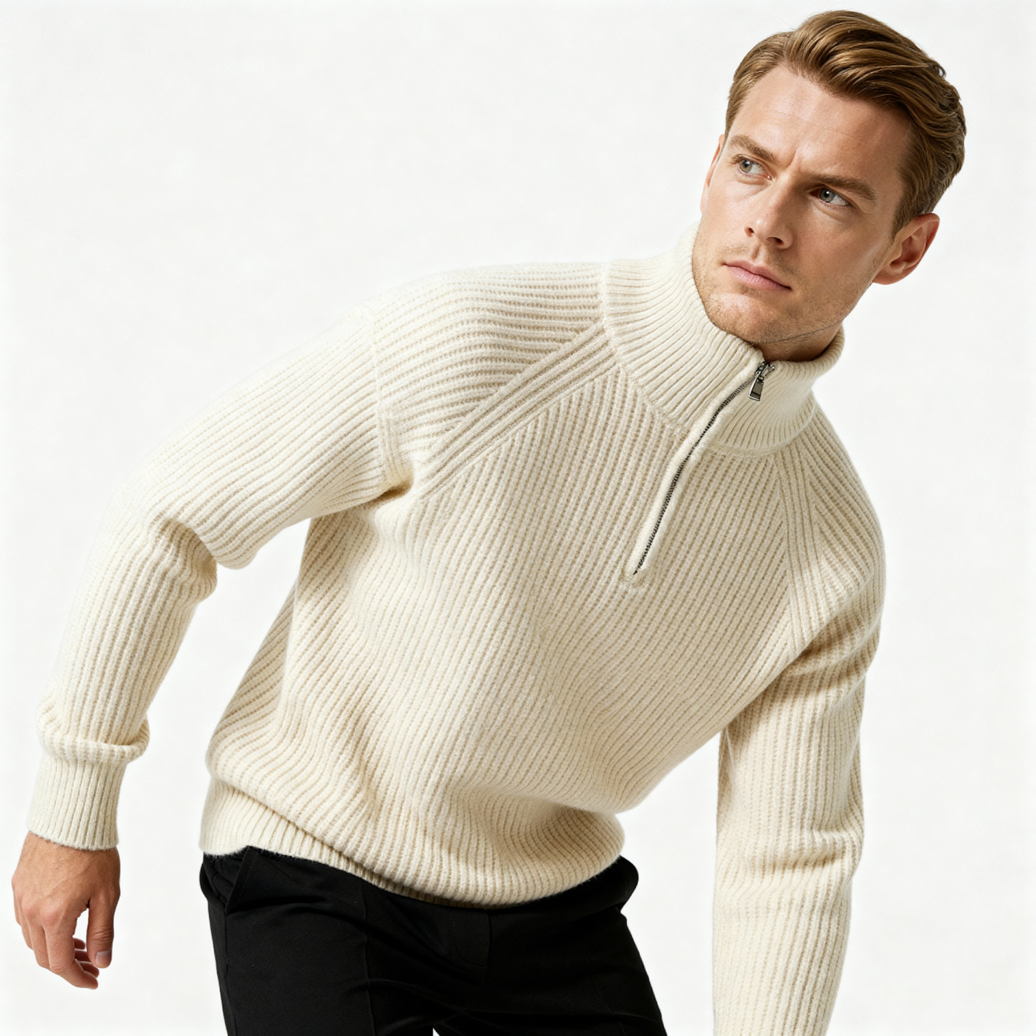 Men's Ribbed Half-Zip Pullover Sweater - Mock Neck Knit for Casual Wear and Layering
