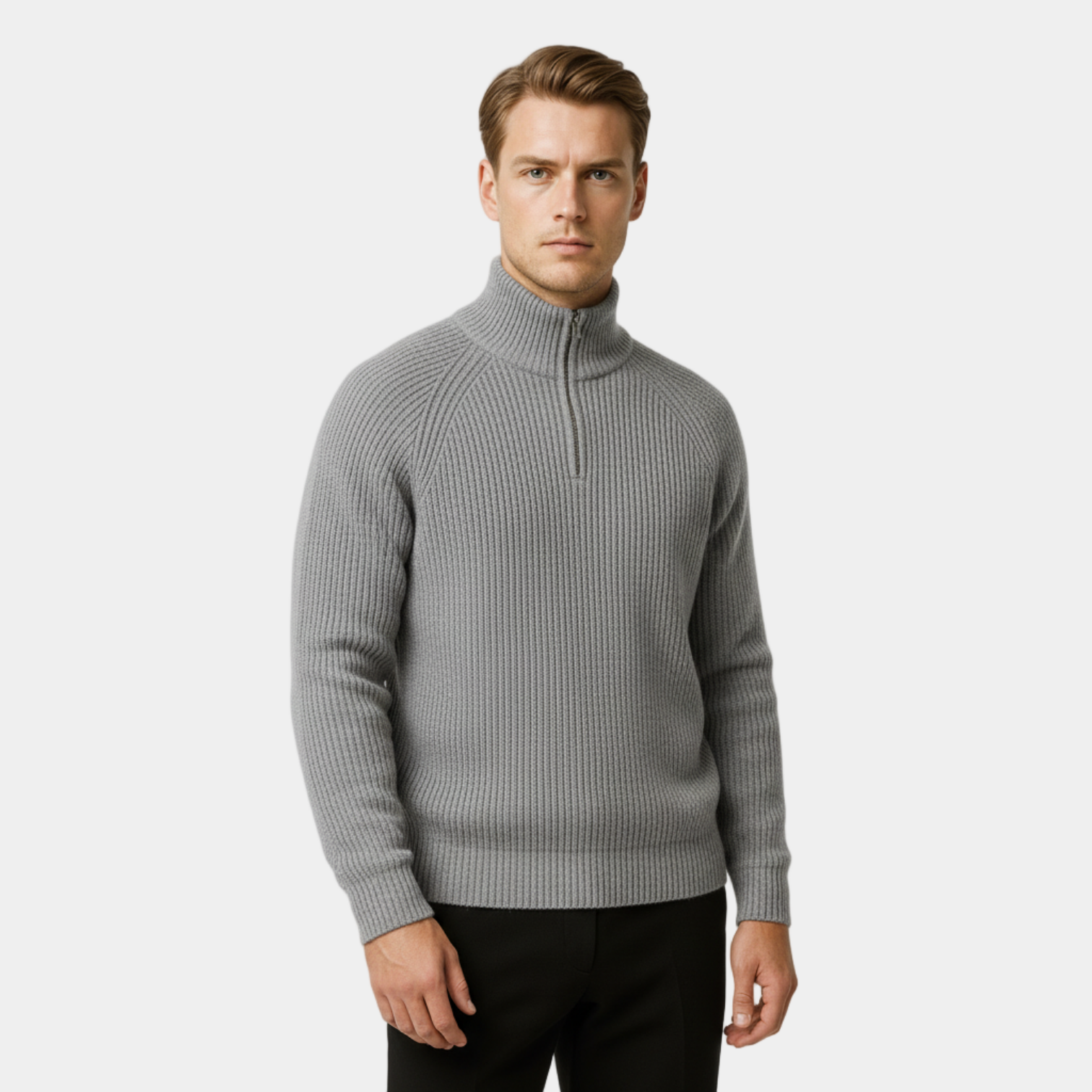 Men's Ribbed Half-Zip Pullover Sweater - Mock Neck Knit for Casual Wear and Layering