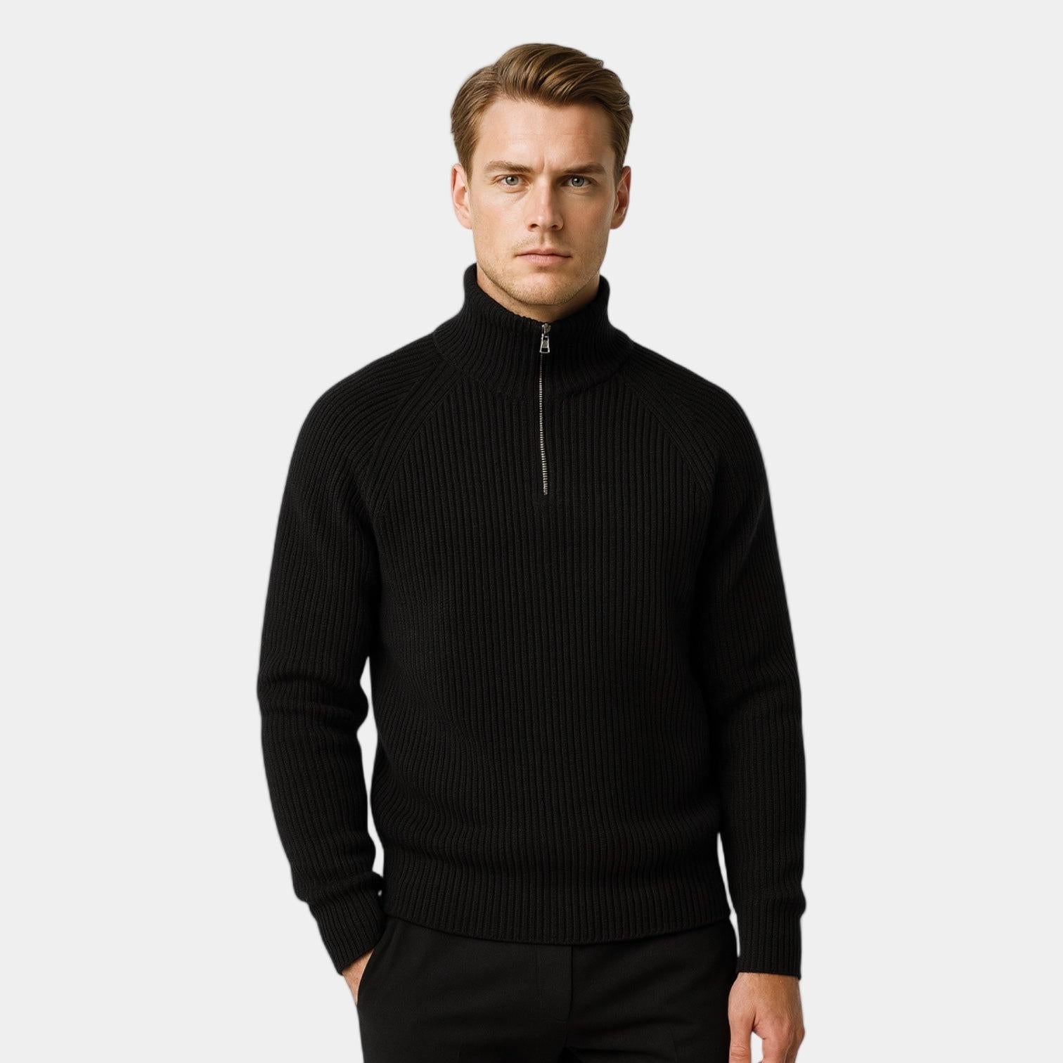 Men's Ribbed Half-Zip Pullover Sweater - Mock Neck Knit for Casual Wear and Layering