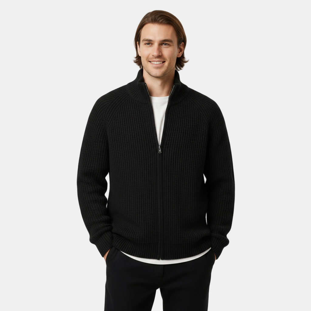 Men's Ribbed Knit Turtleneck Sweater - Full-Zip Jumper for Casual and Smart-Casual Wear