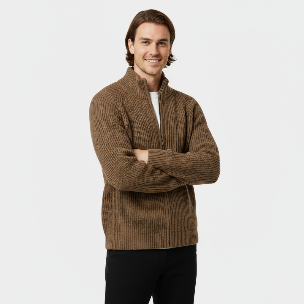 Men's Ribbed Knit Turtleneck Sweater - Full-Zip Jumper for Casual and Smart-Casual Wear