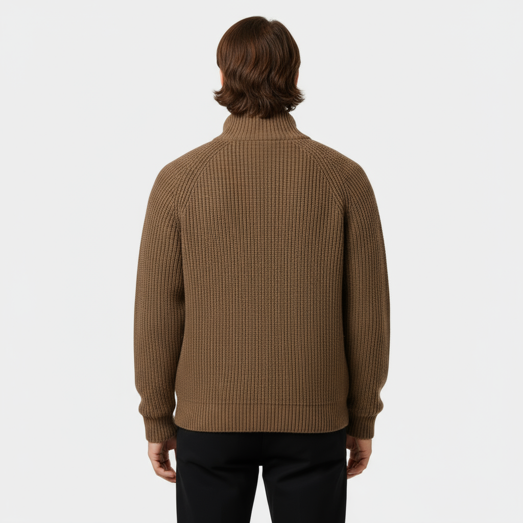 Men's Ribbed Knit Turtleneck Sweater - Full-Zip Jumper for Casual and Smart-Casual Wear