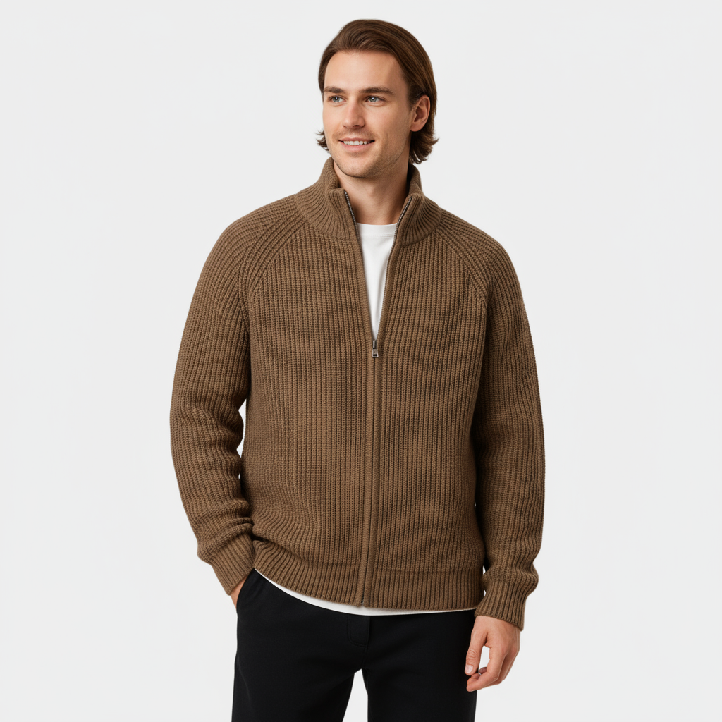 Men's Ribbed Knit Turtleneck Sweater - Full-Zip Jumper for Casual and Smart-Casual Wear
